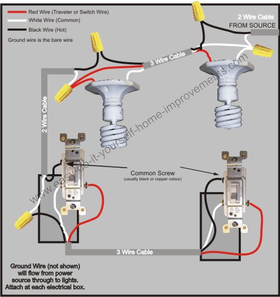 Single Pole 3 Way Switch Wiring Diagram Power At Switch from www.easy-do-it-yourself-home-improvements.com